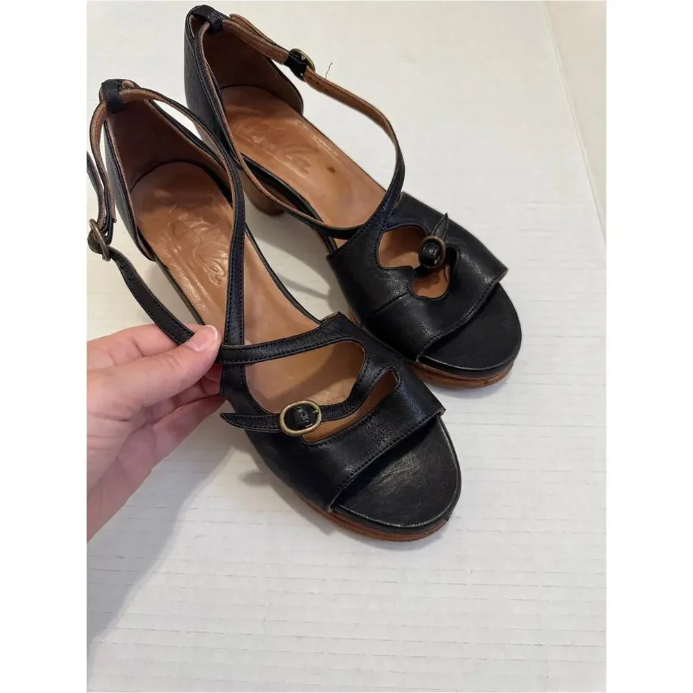 Pepe Monjo Argila Black Leather Strappy Platform Heels Womens 7.5 Boho Classic